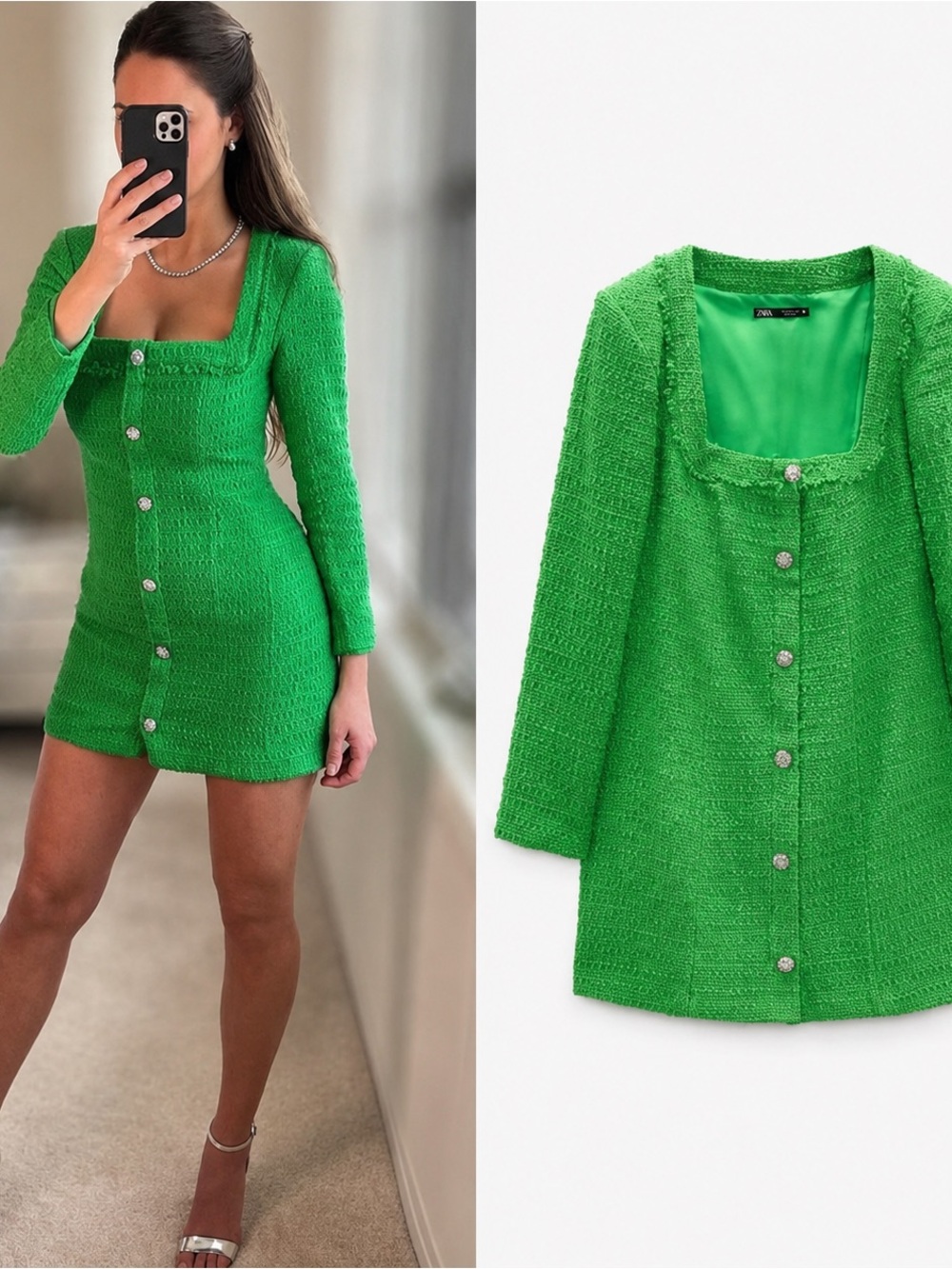 🆕(NWT) ZARA Bloggers Fav Green Tweed Mini Dress with Jewel Buttons. SMALL